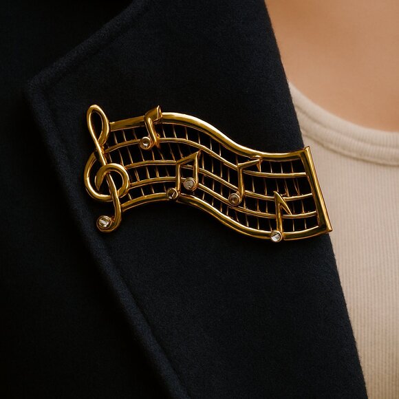 Vintage 80s Treble Clef Music Staff Rhinestone Brooch Gold-Tone Musical Pin - Picture 1 of 6